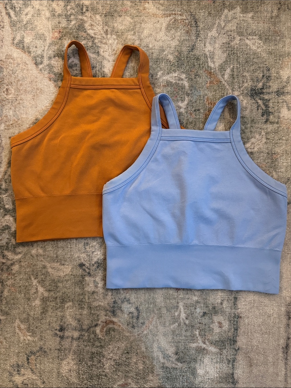 ATHLETA Bundle of 2 Workout Cropped Tops - Burnt Orange and Light Blue